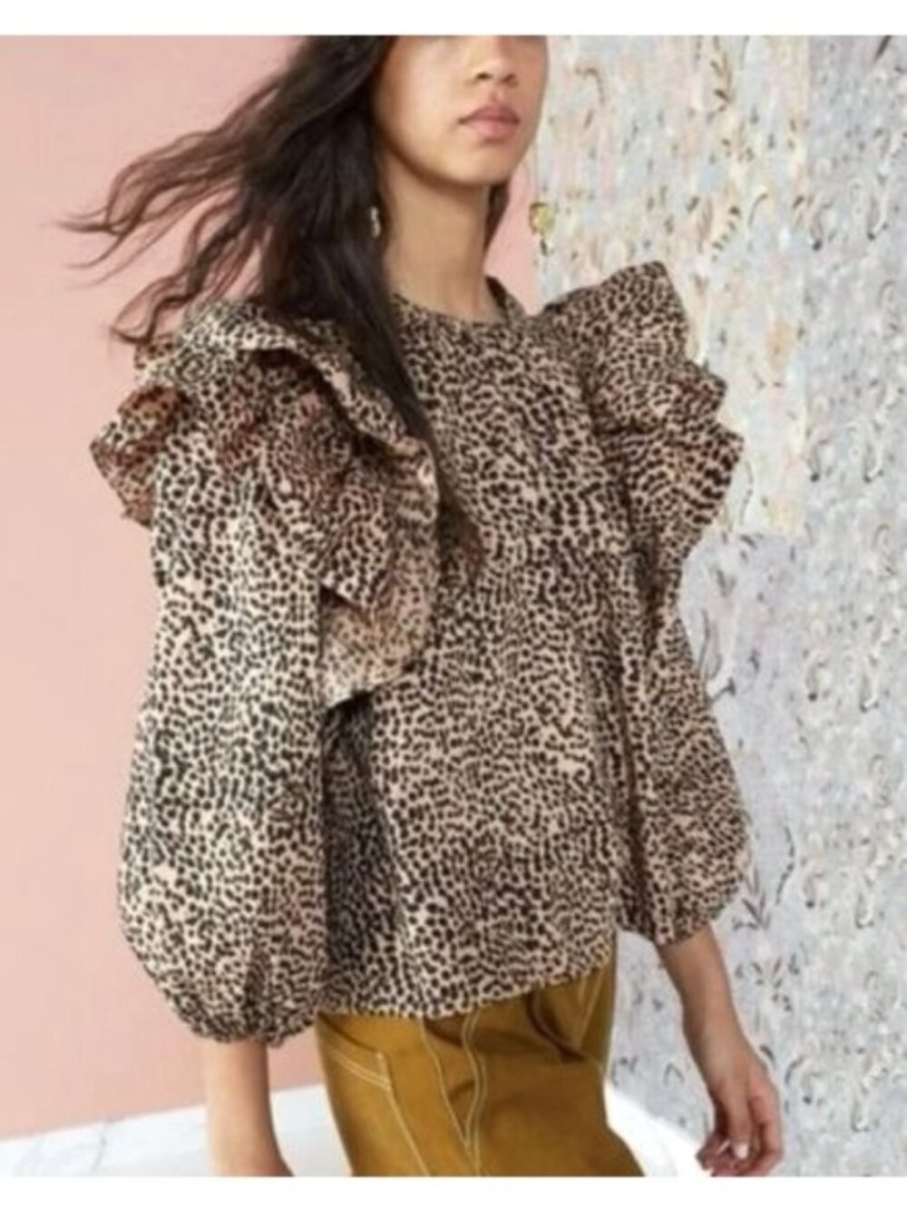 New Ulla Johnson Cassi Cheetah Ruffle Blouse Top Size 2